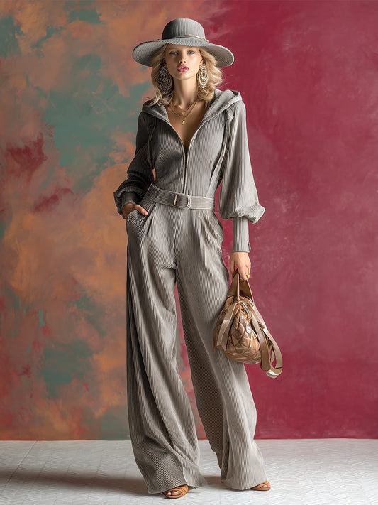 Casual Loose Silver-gray Corduroy Hooded Front Zipper Waist Wide-leg Jumpsuit