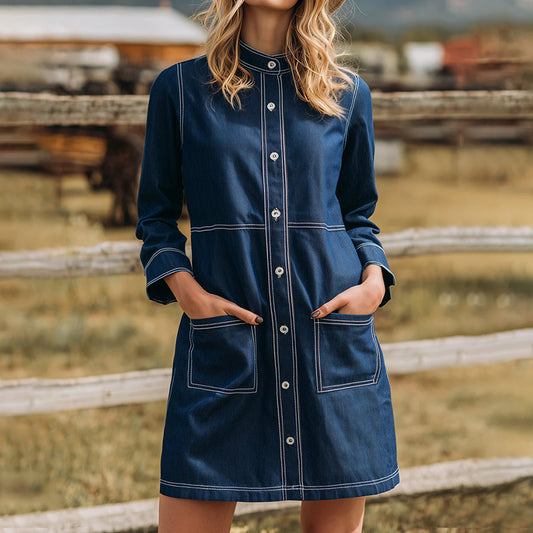 Stand Collar Button Patch Pockets Contrast Stitching Denim Mini Dress