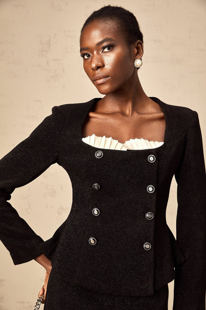 Hilaire black corduroy panelled top & skirt matching set