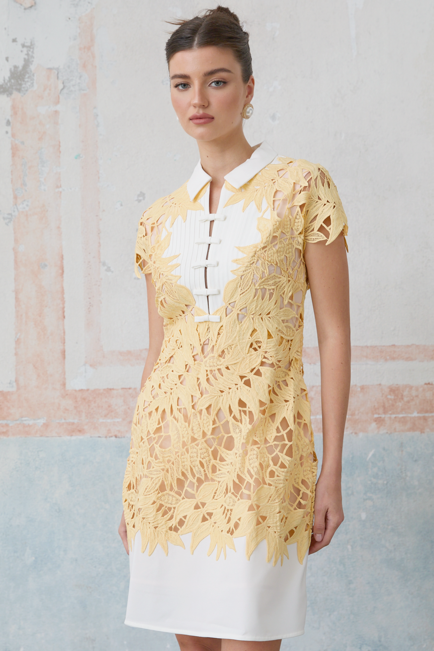Camille yellow leaf-appliqué mini dress