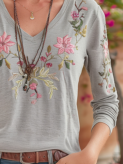 (clearance)Elegant Floral Embroidery V-neck Long Sleeves T-shirt