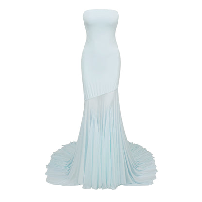 Josiane Blue Off-shoulder Sheer Tulle Maxi Dress