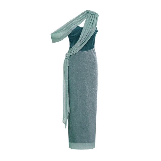 Delphine green ribbon-design corset maxi dress