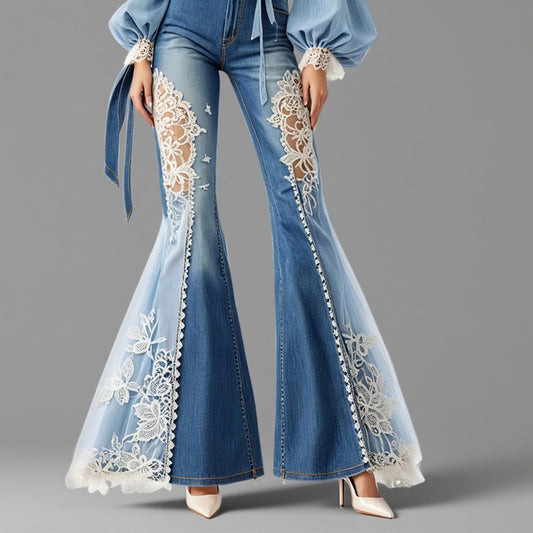 Ursime Lace Patchwork High Rise Denim Bell Bottom Jeans