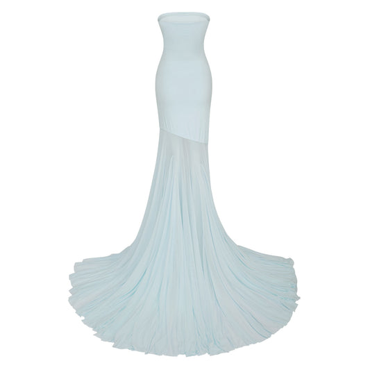 Josiane Blue Off-shoulder Sheer Tulle Maxi Dress