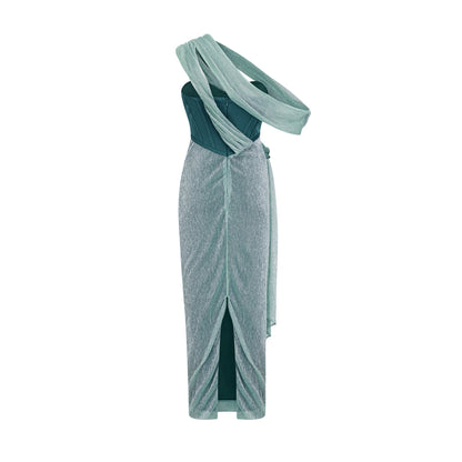 Delphine green ribbon-design corset maxi dress
