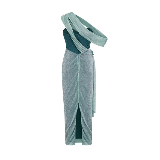Delphine green ribbon-design corset maxi dress
