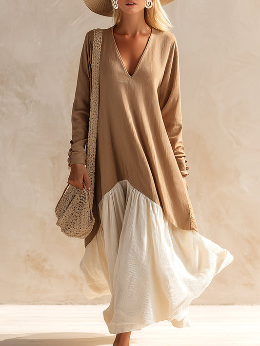 Casual Loose Khaki Colorblock Off-white Textured Long-sleeved Maxi Dress