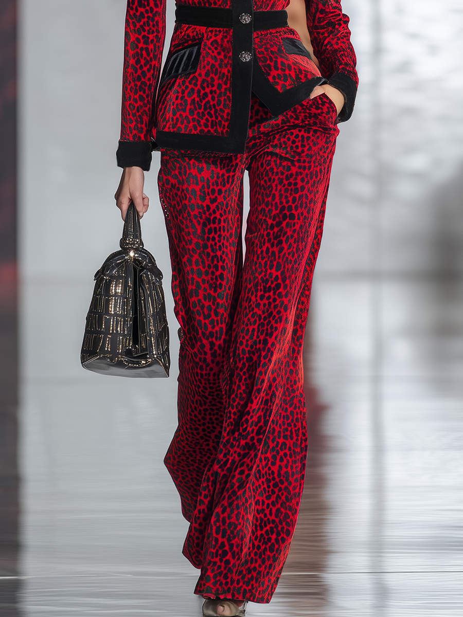 Vintage Red Leopard Print Black Contrast Trim Velvet Suit
