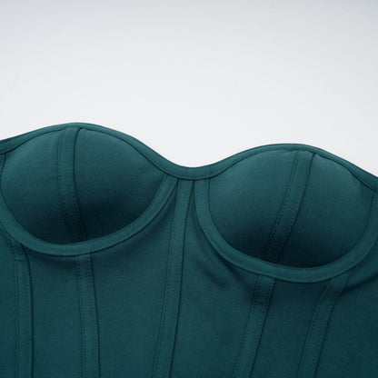 Delphine green ribbon-design corset maxi dress