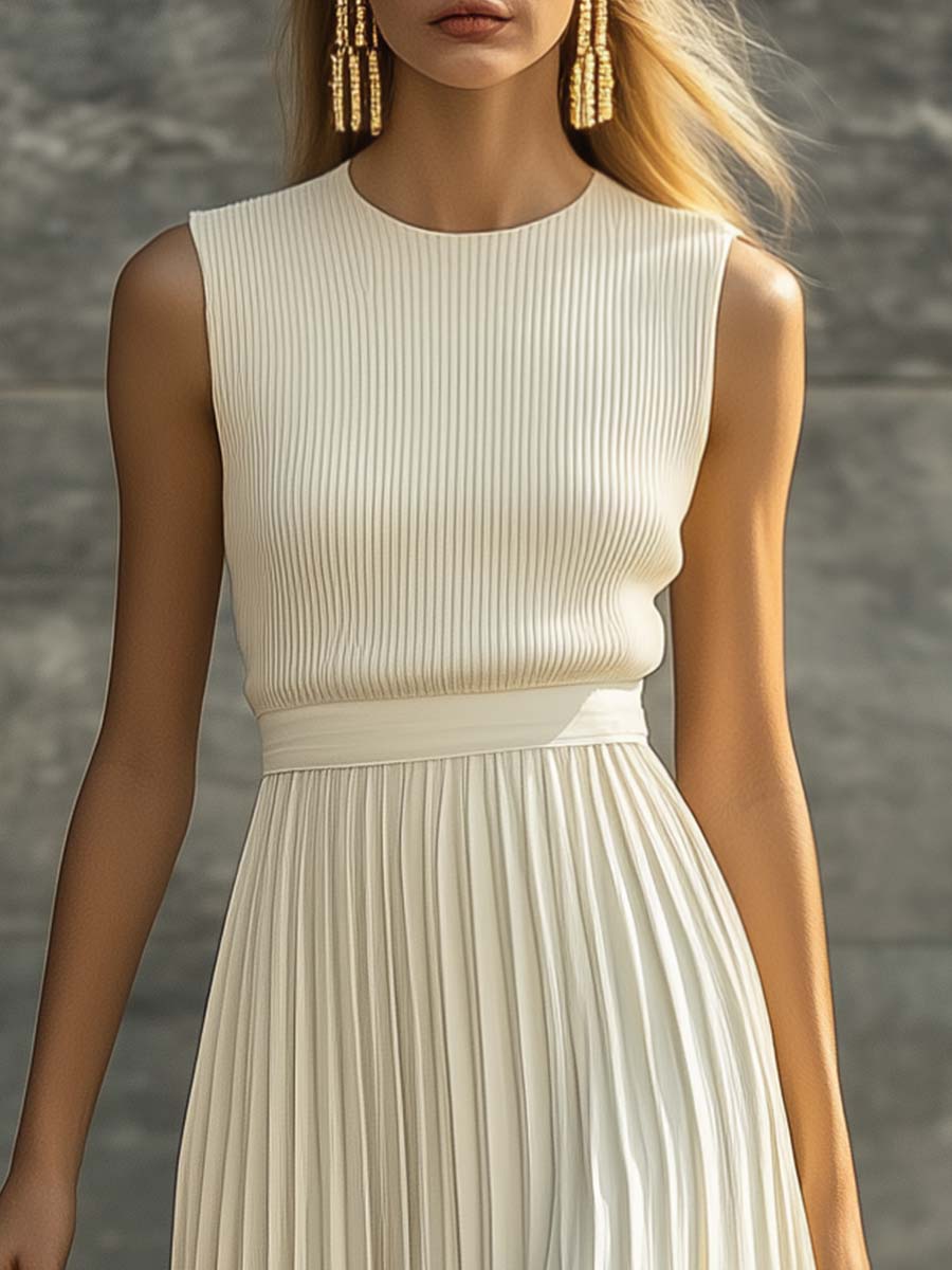 【24-hour shipping out】Elegant Casual And Comfortable Cream Knitted Chiffon Pleated Hem Maxi Dress