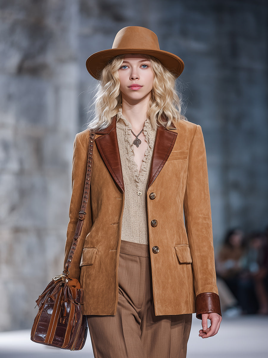 Vintage Western Style Brown Leather Collar Faux Suede Blazer