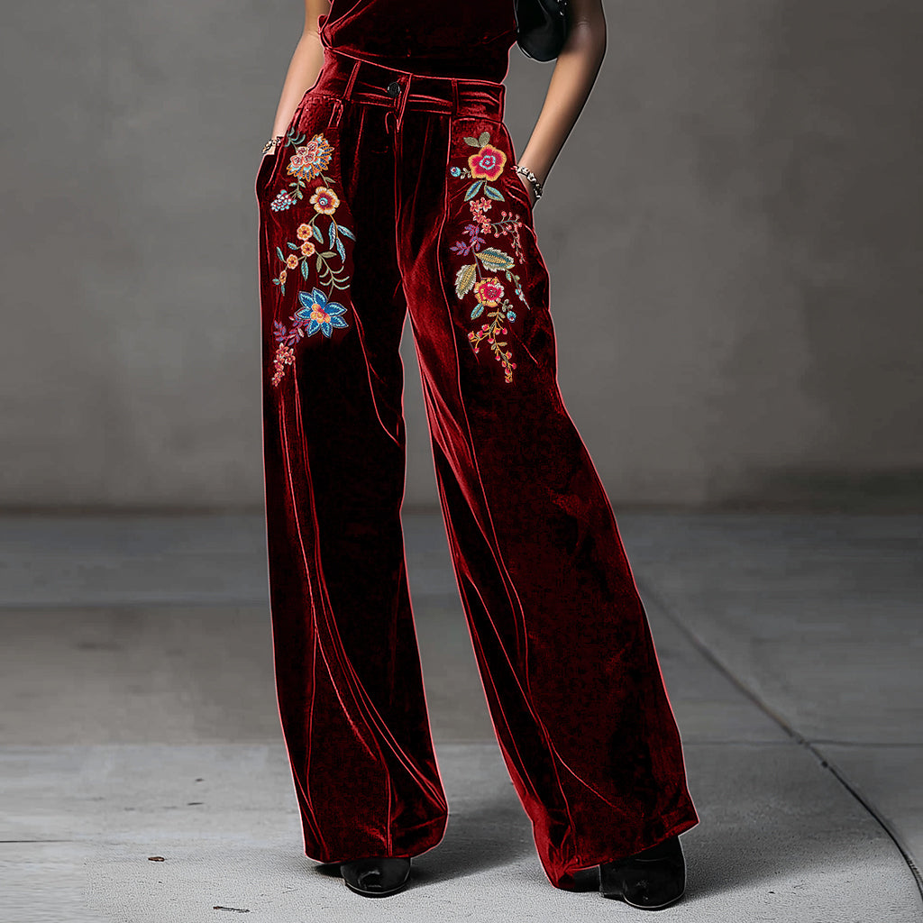 Ursime Velvet Floral Embroidery High Waist Pocket Wide Leg Pants