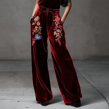 Ursime Velvet Floral Embroidery High Waist Pocket Wide Leg Pants