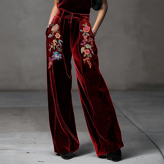 Ursime Velvet Floral Embroidery High Waist Pocket Wide Leg Pants