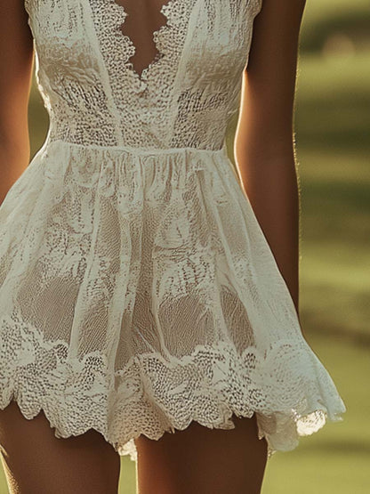【24-hour shipping out】Elegant Breathable Sporty V-Neck White Lace Tennis Mini Dress