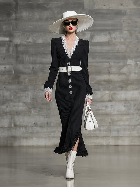 Black Knitted V-neck Lace Maxi Dress