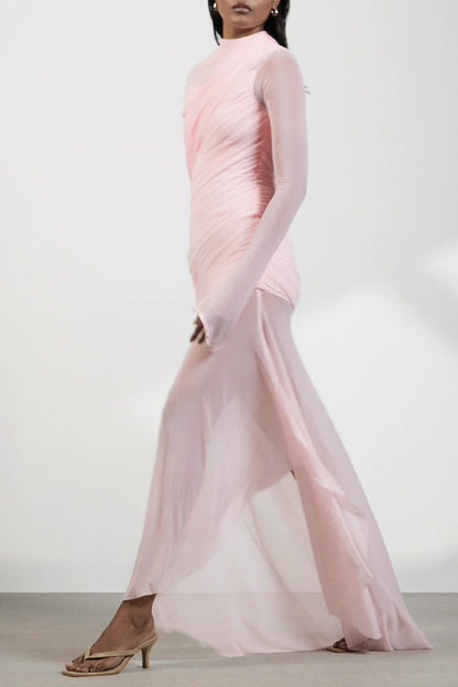 Garance Pink Asymmetrical Ruched Mesh Maxi Dress