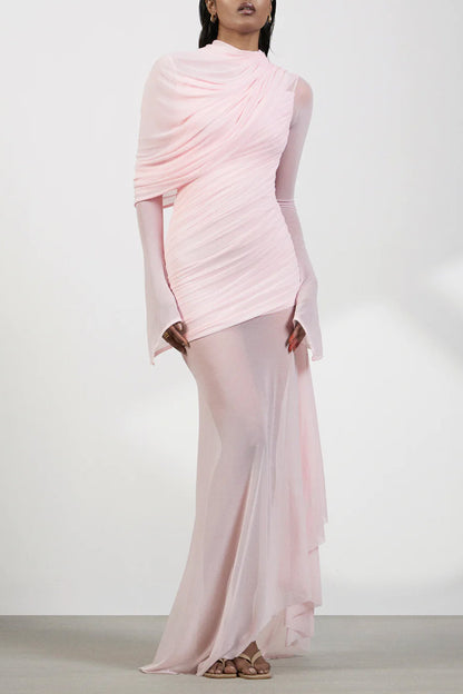 Garance Pink Asymmetrical Ruched Mesh Maxi Dress