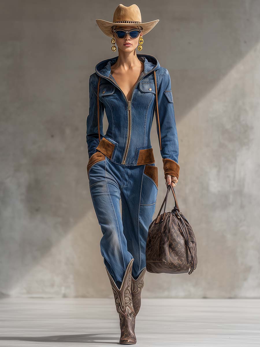Vintage Western Suede And Blue Denim Hooded Zip-Front Jacket And Pants Set