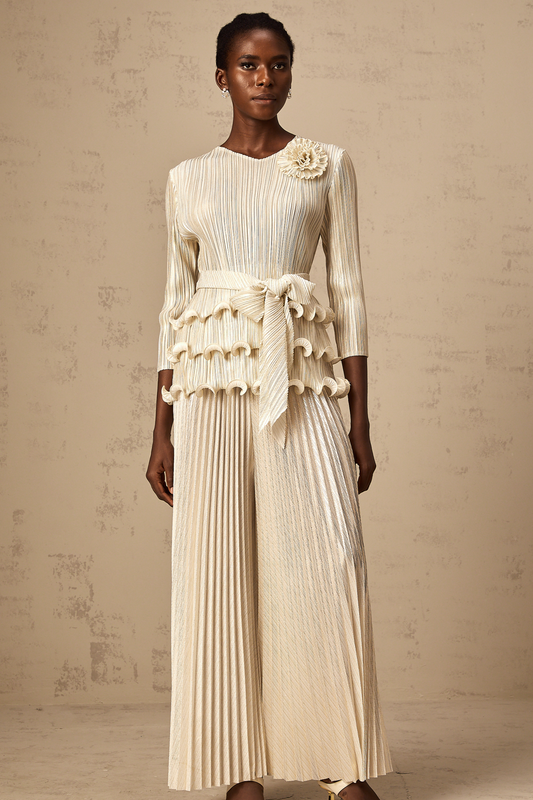 Cloris floral-appliqué ruffled pleated top & trousers