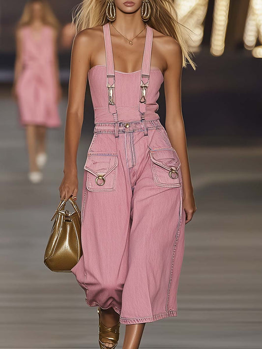【24-hour shipping out】Fashion Personality Loose Pink Suspender Denim Jumpsuit Overalls