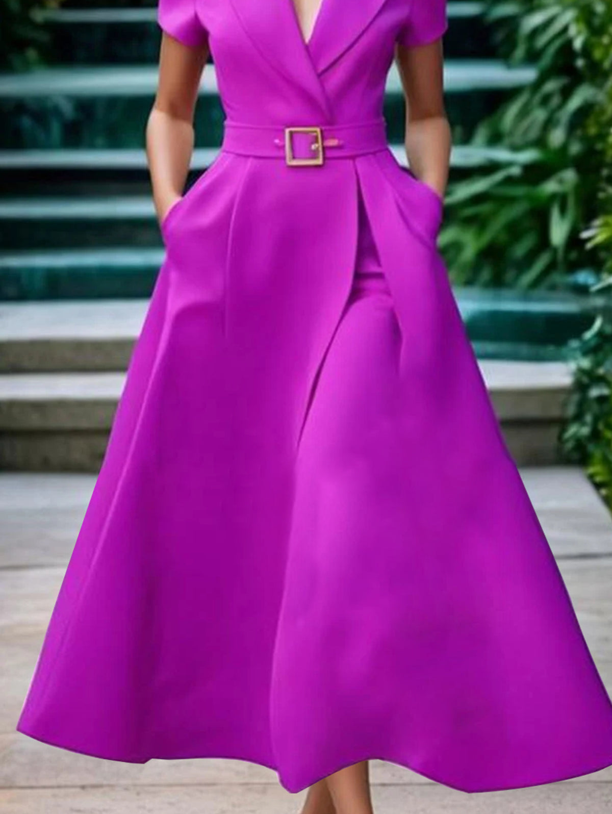 Ursime Elegant Lapel Collar Belt Pocket Short Sleeve Midi Dress