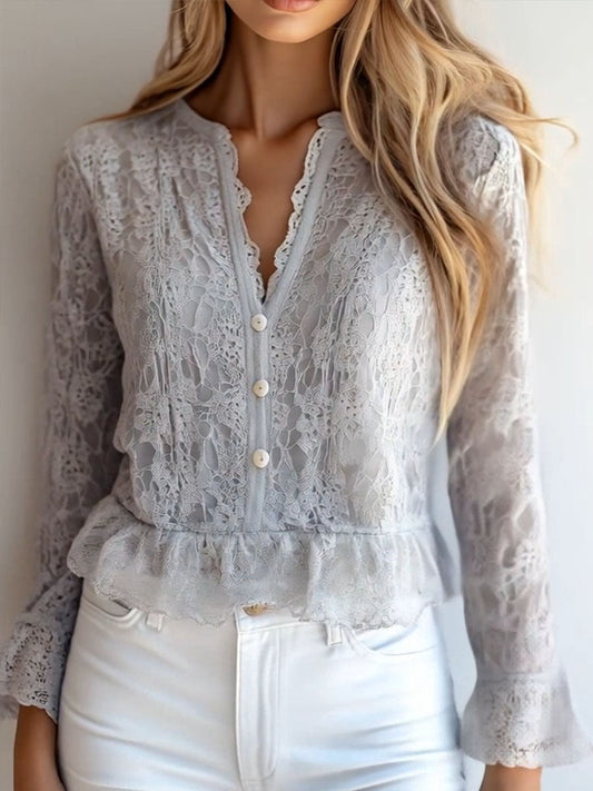(clearance)Stylish V-neck Button Down Long Sleeve Lace Shirt
