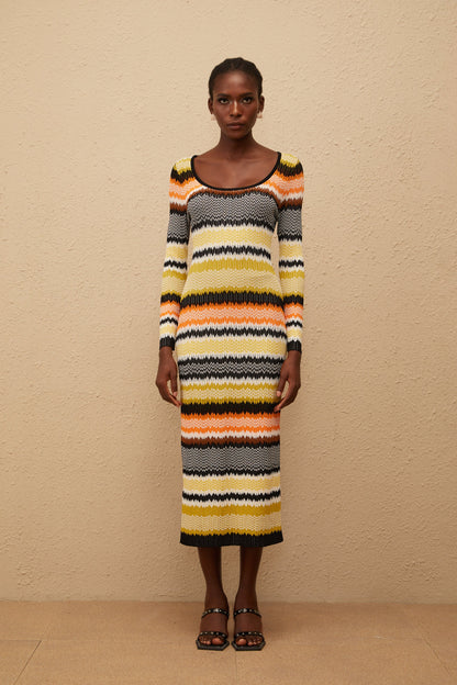 Frédérique Yellow Zigzag Woven Knit Midi Dress
