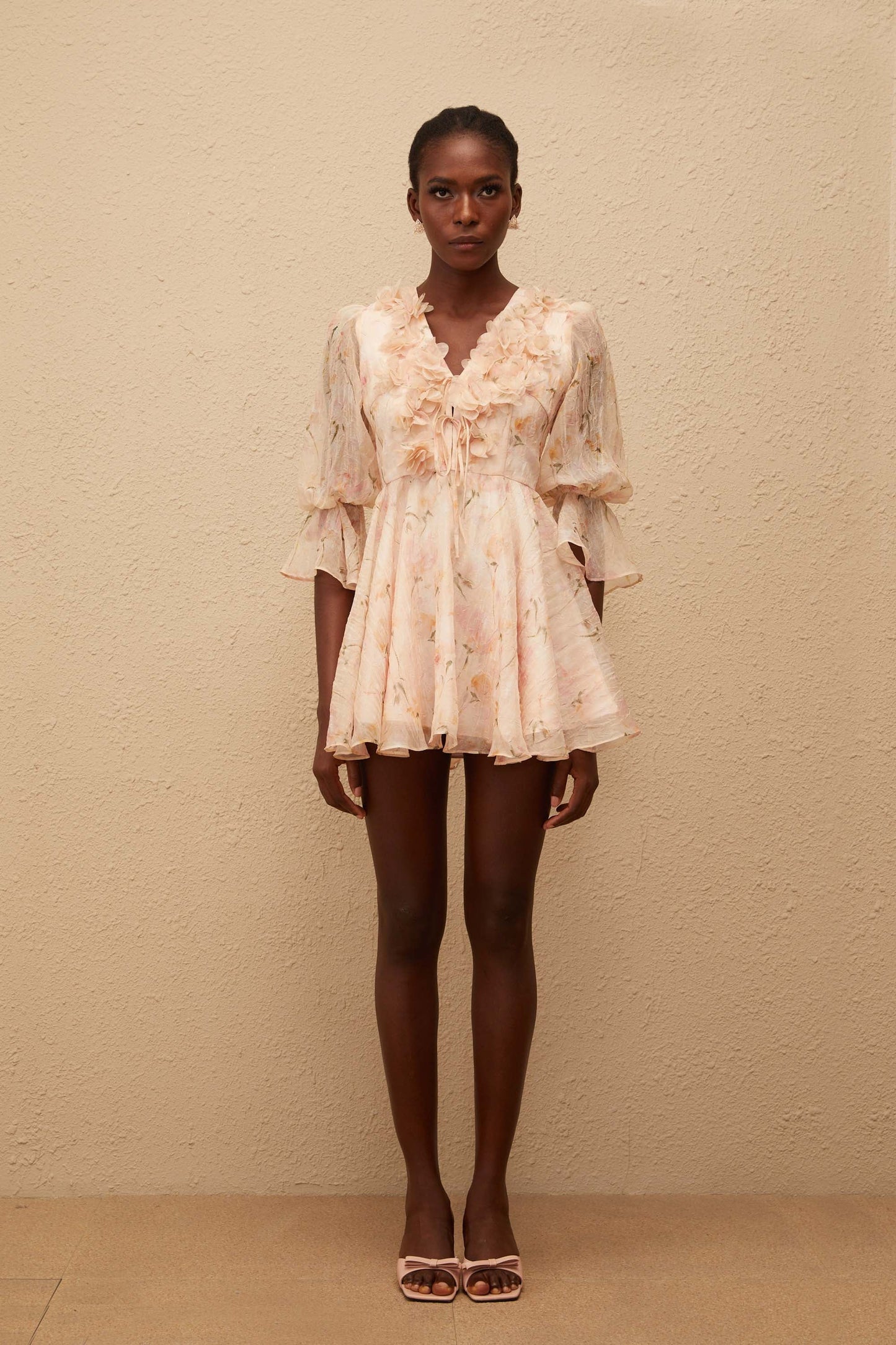 Aliénor Peach Glossy Floral Print Mini Dress