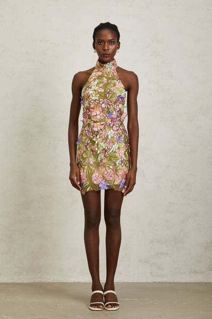 Consuelo Green Floral Embroidered Mesh Mini Dress