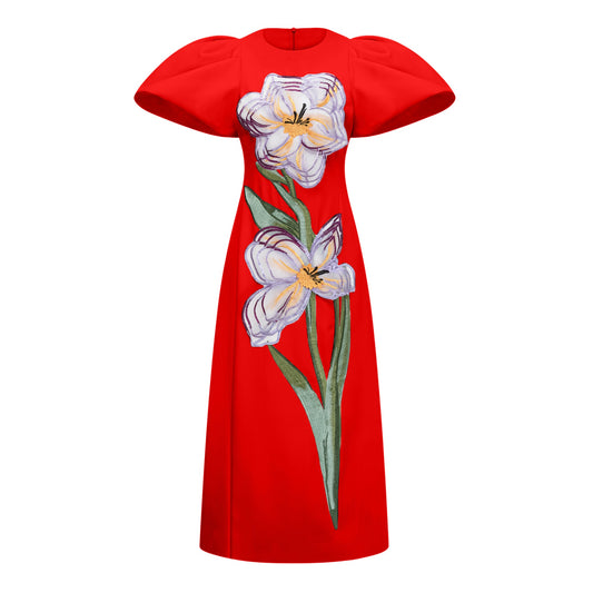 Irène Red Sequined Floral Embroidered Midi Dress
