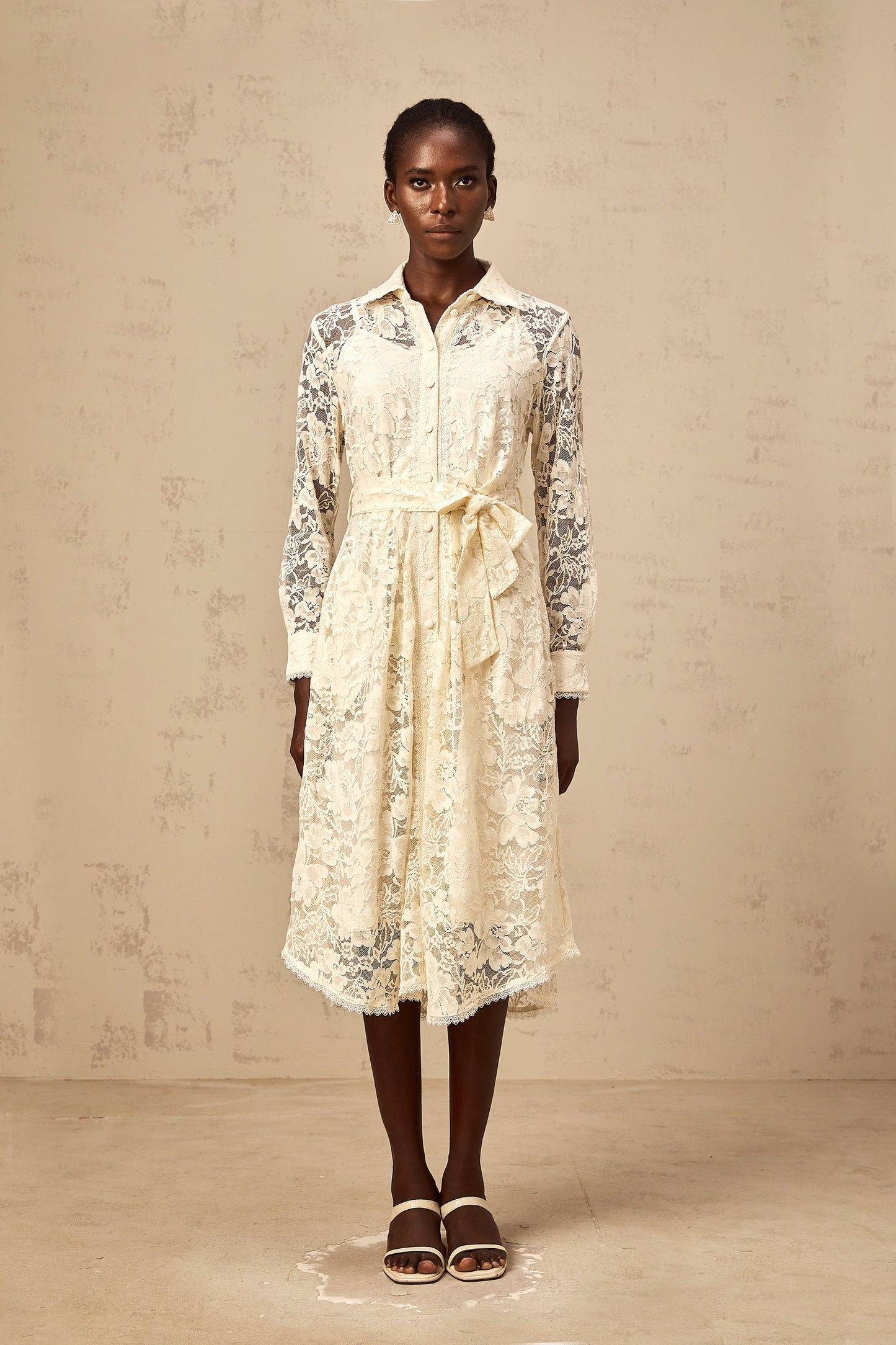 Juliette neutrals guipure-lace midi shirt dress