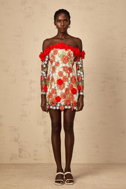 Anaya Red Rose Appliqué Embroidered Mini Dress