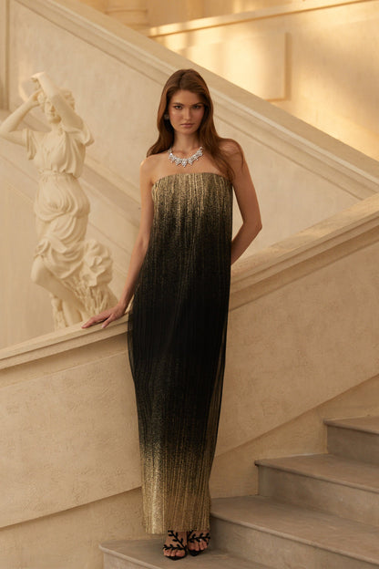 Ysaline Black Glittered Pleated Tulle Maxi Dress