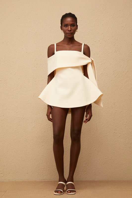 Garance Cream White Self Tie Flared Mini Dress