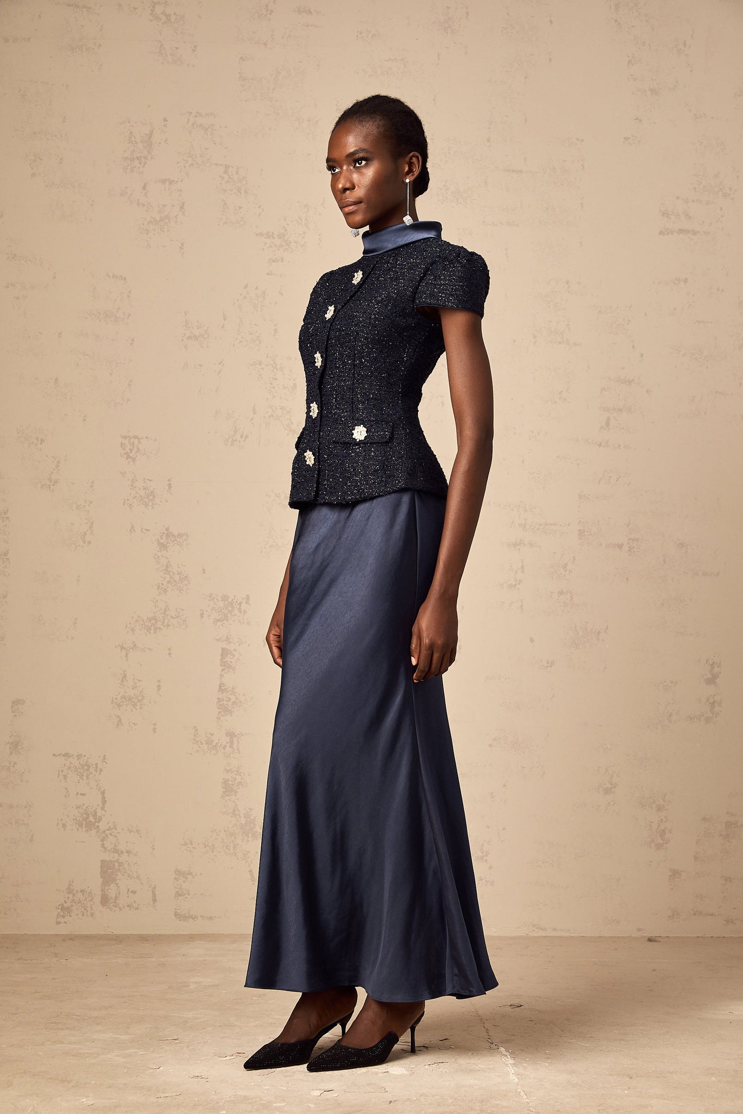 Josette blue peplum-waist panelled maxi dress