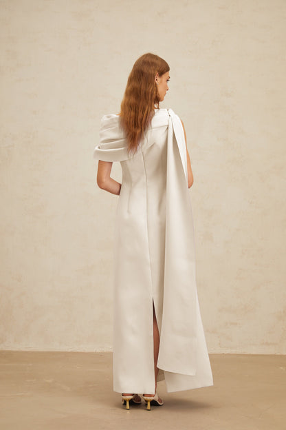 Annabelle White Cape-Design Ribbon Maxi Dress