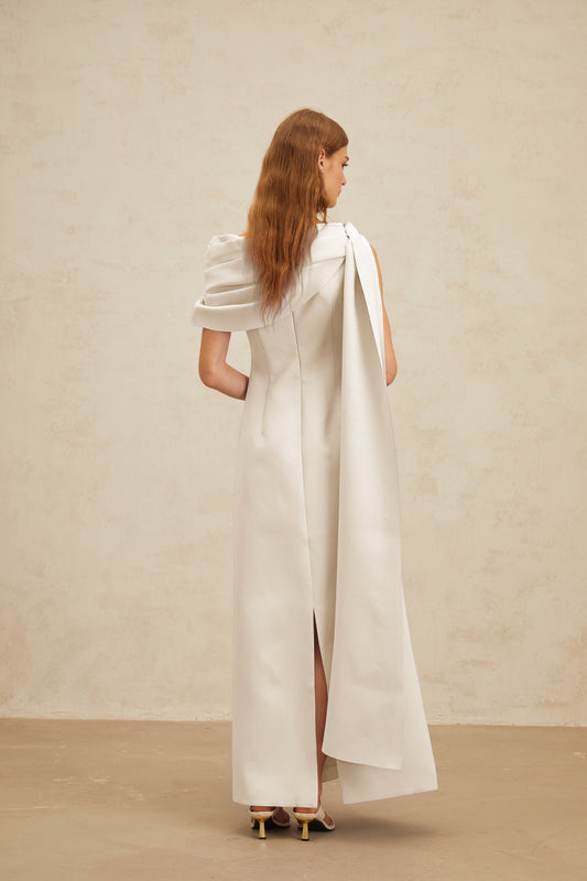 Annabelle White Cape-Design Ribbon Maxi Dress