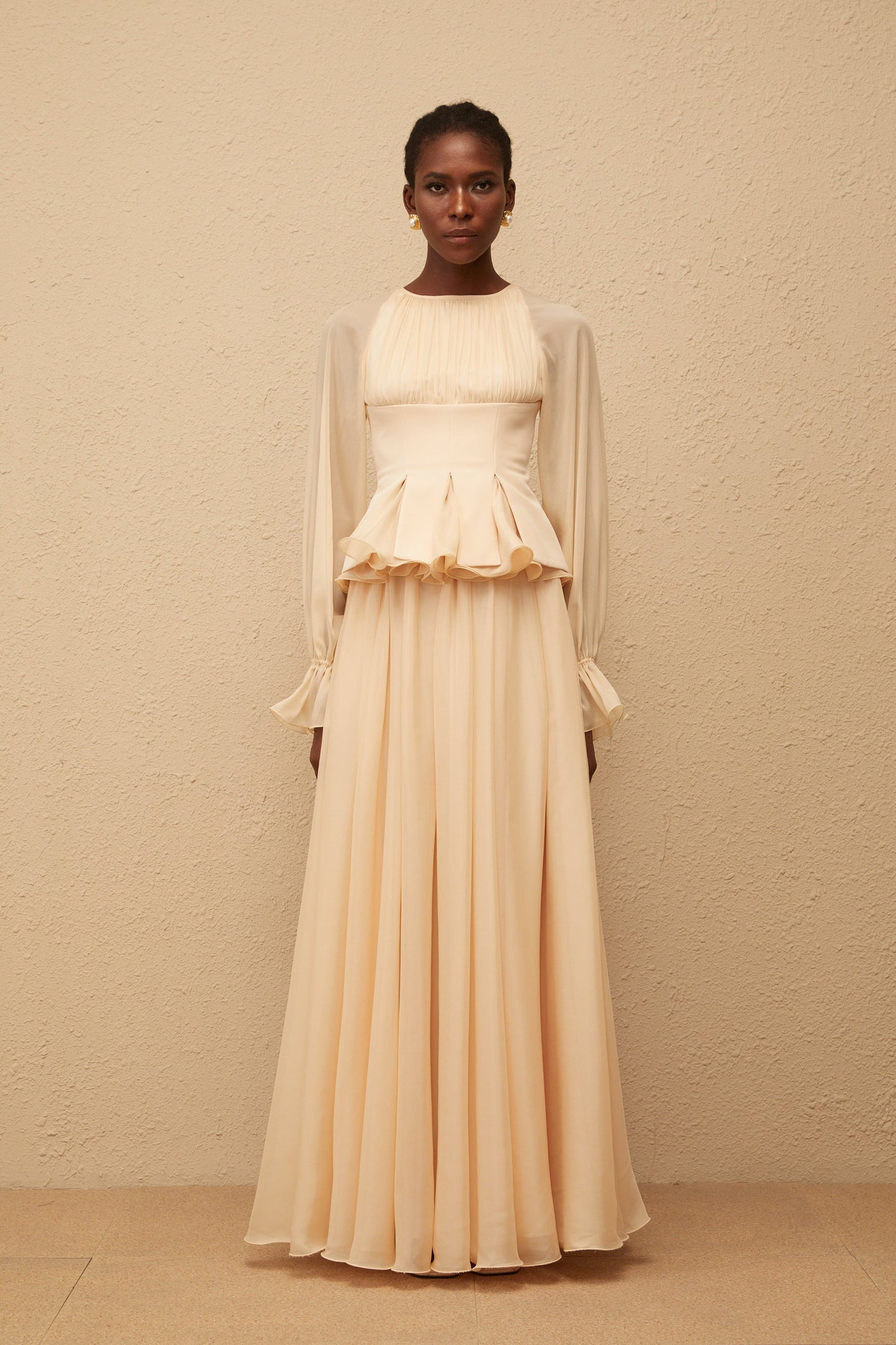 Zéphyrine Neutral Shirred Chiffon Blouse & Skirt Set