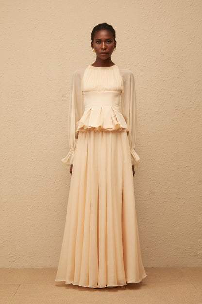 Zéphyrine Neutral Shirred Chiffon Blouse & Skirt Set
