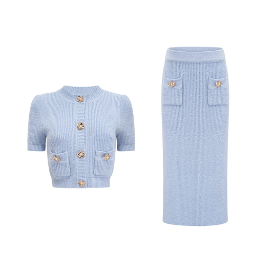 Chantal Blue Knit Two-Piece Blouse and Skirt Set