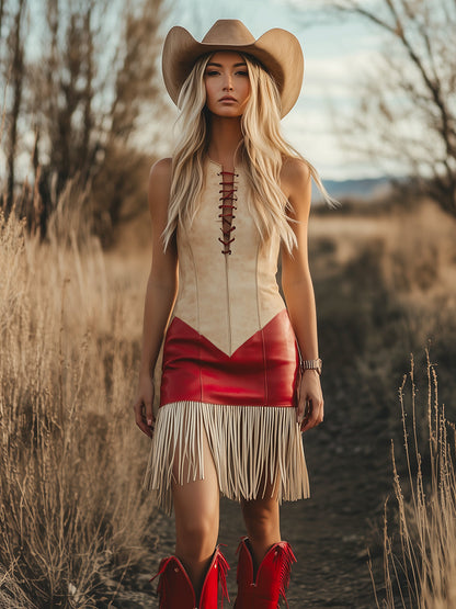 【24-hour shipping out】Elegant Retro Western Contrast Fringe Sleeveless Mini Dress