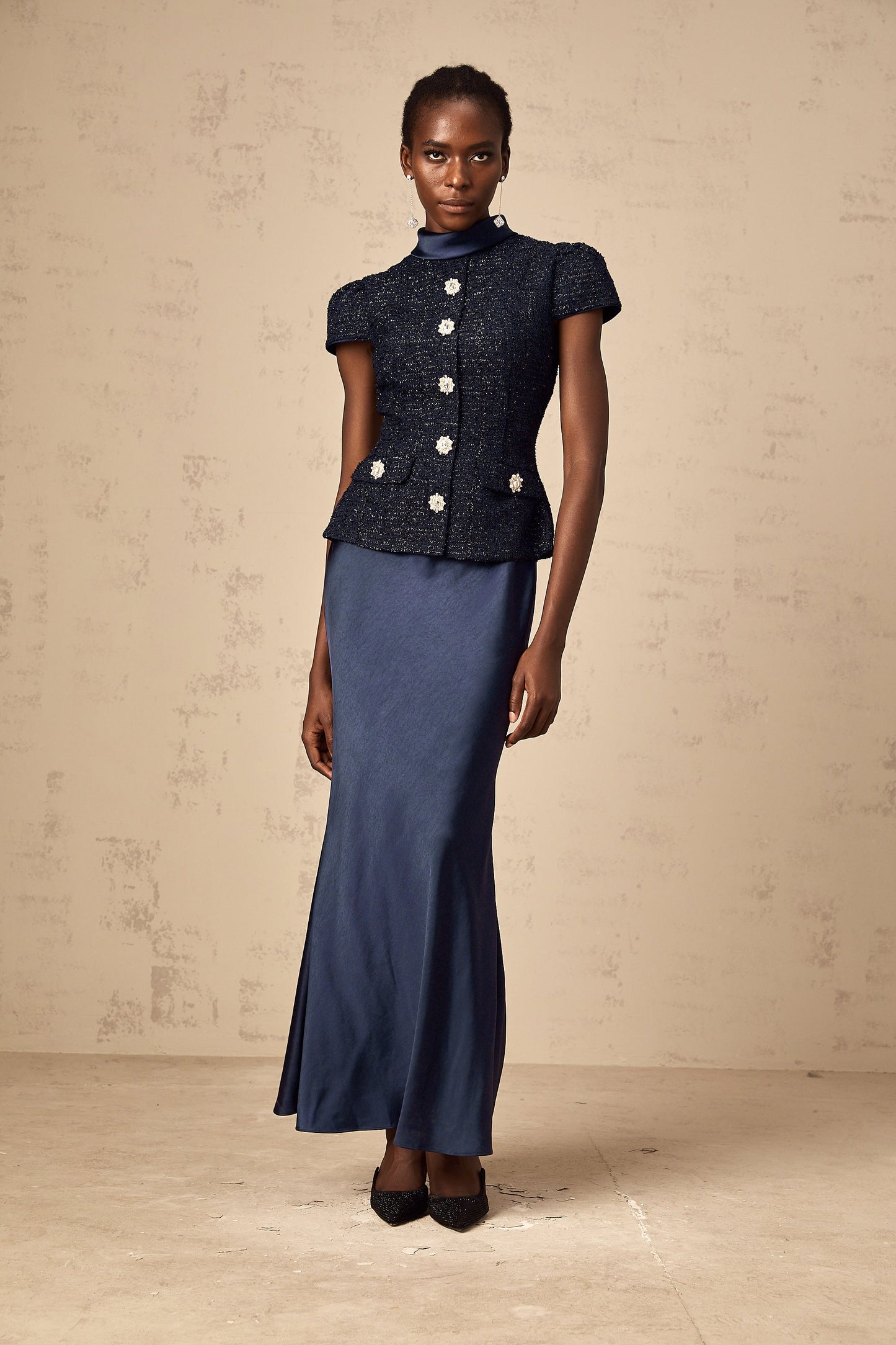 Josette blue peplum-waist panelled maxi dress
