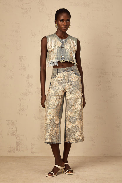 Amaryllis blue floral-lace-panel denim jeans