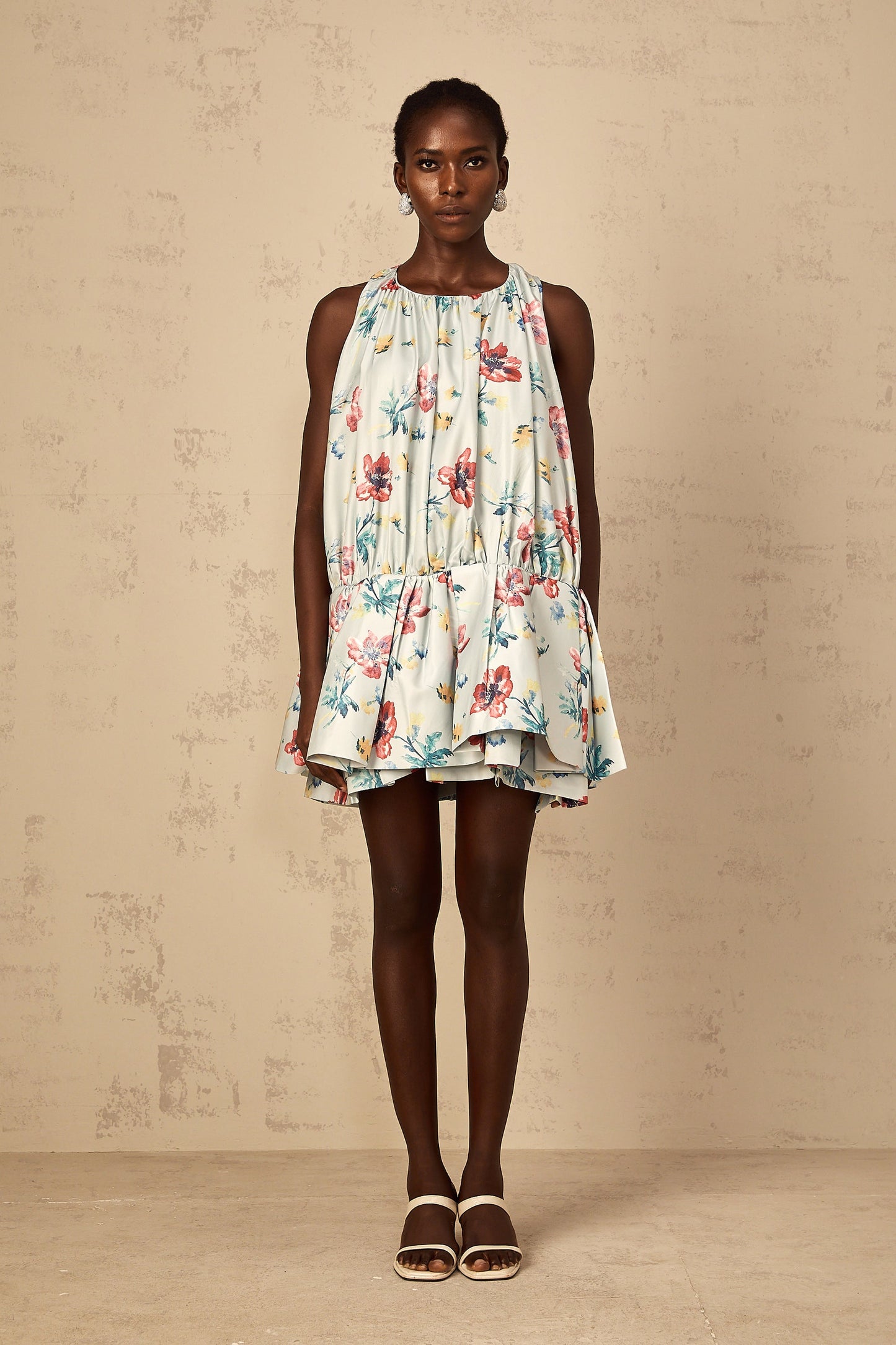 Wendy Green Floral Print Shirred Mini Dress
