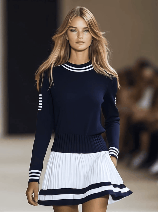 【24-hour shipping out】Fashionable Sports Style Round Neck Navy Blue and White Contrast Mini Dress