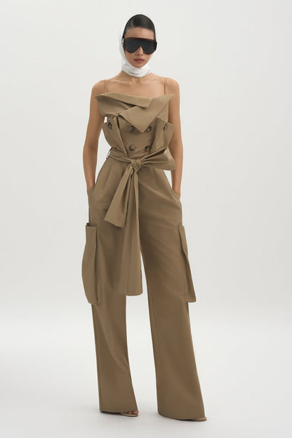 Nanette Khaki Asymmetrical Double Breasted Jumpsuit