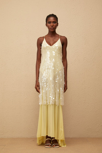 Joyau Yellow Sequin Mesh Maxi Dress