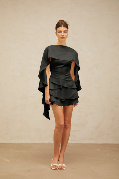 Lyna Black Satin Ruffled Mini Dress with Shawl Panel Detail